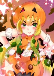 Rule 34 | 10s, 1girl, :p, bad id, bad twitter id, bare shoulders, blonde hair, blush, bow, bowtie, center frills, commentary request, cowboy shot, frills, gloves, green eyes, hands on own hips, hat, highres, jack-o&#039;-lantern, jack-o&#039;-lantern (kemono friends), jdjkrr, kemono friends, long hair, pumpkin, skirt, sleeveless, solo, sparkle, star (symbol), tongue, tongue out, twintails, vest