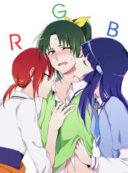 Rule 34 | 10s, 3girls, aoki reika, bad id, blue hair, blush, bow, clothes around waist, clothes lift, eyelashes, closed eyes, green eyes, green hair, green sweater vest, hair bow, hair ornament, hairclip, hino akane (smile precure!), licking, long sleeves, midorikawa nao, multiple girls, necktie, negom, one eye closed, orange eyes, ponytail, precure, red hair, school uniform, shirt lift, sleeves rolled up, smile precure!, sweater, sweater around waist, sweater vest, tongue, undressing, white background, wink, yuri