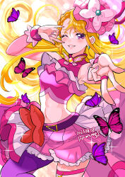 Rule 34 | 1girl, \m/, blonde hair, braid, bug, butterfly, butterfly brooch, butterfly hair ornament, cure butterfly, dated, earrings, frills, hair ornament, hand up, hat, highres, hijiri ageha, hirogaru sky! precure, insect, jewelry, magical girl, midriff, navel, one eye closed, outstretched arm, pink skirt, precure, purple eyes, ramune02, side braid, single thighhigh, skirt, smile, solo, thighhighs