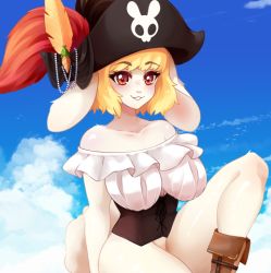 Rule 34 | blonde hair, boots, breasts, carrot, carrot (one piece), cloud, cloudy sky, furry, furry female, hat, large breasts, lowres, one piece, pirate costume, pirate hat, rabbit ears, rabbit girl, rabbit tail, short hair, sky