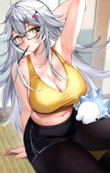 Rule 34 | 1girl, ahoge, arm behind head, arm up, armpits, bare arms, bare shoulders, black-framed eyewear, black shorts, breasts, brown pantyhose, cleavage, crop top, dolphin shorts, food, food in mouth, gen 8 pokemon, glasses, hair ornament, hairclip, highres, large breasts, long hair, looking at viewer, midriff, mouth hold, navel, pantyhose, pocky, pocky in mouth, shirt, short shorts, shorts, sitting, sleeveless, sleeveless shirt, slit pupils, snom, solo, stomach, tank top, thighs, very long hair, virtual youtuber, vshojo, white hair, yellow eyes, yellow shirt, yuniiho, zentreya (cyborg), zentreya