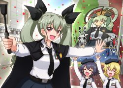 Rule 34 | 3girls, anchovy (girls und panzer), anzio (emblem), anzio school uniform, arm up, banner, belt, beret, black belt, black cape, black hair, black hat, black neckwear, black ribbon, black skirt, blonde hair, blue sky, blush stickers, braid, building, cape, carpaccio (girls und panzer), closed eyes, cloud, cloudy sky, commentary, confetti, dress shirt, drill hair, emblem, girls und panzer, green hair, hair ribbon, hat, holding, italian flag, long hair, long sleeves, looking at viewer, miniskirt, multiple girls, necktie, omachi (slabco), open mouth, outstretched arms, pepperoni (girls und panzer), pleated skirt, red eyes, ribbon, riding crop, school uniform, shirt, short hair, side braid, skirt, sky, smile, spread arms, standing, translated, twin drills, twintails, white shirt