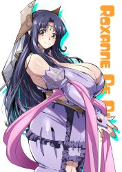 Rule 34 | 1girl, black hair, blush, breasts, bridal gauntlets, character name, circlet, cleavage, commentary, corset, cowboy shot, curvy, detached sleeves, dress, female focus, frilled dress, frills, from side, gloves, hair ornament, highres, huge breasts, jewelry, kyonyuu fantasy, long hair, looking at viewer, own hands together, parted bangs, purple dress, purple gloves, purple hair, rebasuto, red eyes, roxanne de desir, shawl, sideboob, sidelocks, smile, solo, underbust, veil, very long hair, wide-eyed, wide hips