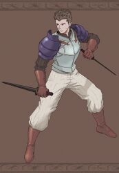 Rule 34 | 1boy, absurdres, armor, boots, brown background, brown footwear, brown gloves, brown hair, dual wielding, facial scar, fighting stance, full body, gloves, highres, holding, male focus, scar, scar on cheek, scar on face, short hair, solo, standing, tactics ogre, vice bozeg, windcaller