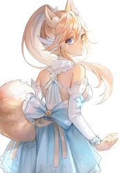 Rule 34 | 1girl, animal ears, back, breasts, detached sleeves, dress, fox ears, fox girl, fox tail, from behind, highres, large breasts, long hair, looking at viewer, looking back, moguta (moguta9), open mouth, original, ribbon, sideboob, simple background, standing, tail, white background
