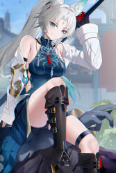 1girl absurdres animal_ear_fluff animal_ears back_tattoo belt black_footwear breasts chinese_clothes coat collared_coat eyeliner feixiao_(honkai:_star_rail) forehead_jewel fox_ears fox_girl gloves green_eyes high_ponytail highres honkai:_star_rail honkai_(series) jewelry knees_up long_hair looking_at_viewer loose_belt makeup parted_bangs ponytail purple_hood red_eyeliner short_shorts shorts smile solo tattoo white_coat white_hair zerotwenty_(020)