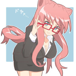 Rule 34 | 10s, 1girl, atair, blue eyes, blush, breasts, business suit, cleavage, formal, glasses, large breasts, leaning forward, long hair, looking at viewer, maria cadenzavna eve, office lady, pencil skirt, pink hair, senki zesshou symphogear, skirt, skirt suit, solo, standing, suit