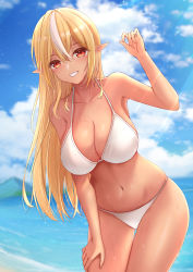 Rule 34 | 1girl, :d, absurdres, arm up, bare arms, bare shoulders, bikini, blonde hair, blue sky, blush, breasts, cleavage, collarbone, cowboy shot, dark-skinned female, dark skin, day, gluteal fold, grin, hand on own thigh, highres, hololive, large breasts, light rays, multicolored hair, navel, nezumi (09261377), ocean, open mouth, outdoors, parted lips, pointy ears, red eyes, shiranui flare, sky, smile, solo, stomach, streaked hair, sunbeam, sunlight, sweat, swimsuit, thigh gap, two side up, virtual youtuber, water, white bikini, white hair
