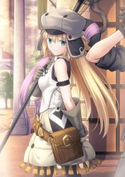 Rule 34 | 1boy, 1girl, arm behind back, armlet, artoria caster (fate), artoria caster (first ascension) (fate), artoria pendragon (fate), bag, belt, black gloves, black hair, black pantyhose, black skirt, blonde hair, blush, breasts, brown belt, commentary request, dress, fate/grand order, fate (series), fujimaru ritsuka (male), fujimaru ritsuka (male) (polar chaldea uniform), gloves, green eyes, grey gloves, grey headwear, hair between eyes, hand on own chest, hat, highres, holding, holding staff, holding weapon, long hair, out of frame, outdoors, pantyhose, pointy hair, polar chaldea uniform, satchel, shirt, shoori (migiha), short hair, short sleeves, sidelocks, skirt, sleeveless, sleeveless dress, small breasts, staff, twintails, weapon, white dress