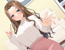 Rule 34 | 1girl, blue eyes, blush, breasts, brown hair, closed mouth, commentary request, couch, dutch angle, forehead, hands up, holding, indoors, komori kuzuyu, large breasts, long hair, long sleeves, mimikaki, original, parted bangs, pink skirt, ribbed sweater, skirt, sleeves past wrists, smile, solo, sweater, very long hair, white sweater