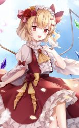 Rule 34 | 1girl, :d, bird, bird on hand, blonde hair, blue sky, blush, bow, brooch, center frills, cloud, crossed legs, crystal, dove, fang, feathers, feet out of frame, flandre scarlet, flower, frilled hairband, frilled skirt, frills, hair bow, hair flower, hair ornament, hairband, highres, jewelry, looking at viewer, medium hair, mumu-crown, neck ruff, no headwear, one side up, open mouth, puffy short sleeves, puffy sleeves, red eyes, red ribbon, red skirt, red vest, ribbon, rose, shirt, short sleeves, sitting, skin fang, skirt, sky, smile, solo, touhou, vest, waist bow, white shirt, wide sleeves, wings, yellow bow