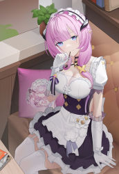Rule 34 | 1girl, absurdres, ahoge, blue eyes, blunt bangs, breasts, butterfly hair ornament, chibi, choker, cleavage, clothing cutout, collarbone, couch, dress, elbow gloves, elysia (honkai impact), elysia (miss pink elf) (honkai impact), flower, food, from above, garter straps, gloves, hair ornament, hair over shoulder, halterneck, highres, honkai (series), honkai impact 3rd, horns, indoors, layered skirt, long hair, looking at viewer, maid, maid headdress, pendant choker, pillow, pink hair, pink pupils, plant, pocky, pointy ears, ribbon, see-through, short dress, short sleeves, side cutout, sitting, skirt, smile, solo, sye-, thighhighs, white gloves, white thighhighs, zettai ryouiki