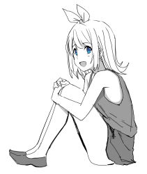 Rule 34 | 1girl, :d, bare arms, bare legs, bare shoulders, blue eyes, copyright request, from side, h2o (ddks2923), hairband, highres, hugging own legs, medium hair, miniskirt, open mouth, shoes, simple background, sitting, sketch, skirt, smile, solo, spot color