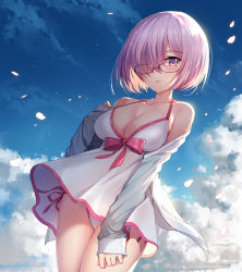 Rule 34 | 1girl, bare shoulders, bison cangshu, blue sky, blush, breasts, cloud, cowboy shot, day, dress, fate/grand order, fate (series), glasses, hair over one eye, jacket, large breasts, long sleeves, looking at viewer, mash kyrielight, mash kyrielight (swimsuit of perpetual summer), off shoulder, official alternate costume, open mouth, outdoors, petals, pink hair, purple eyes, short hair, sidelocks, sky, solo, wet, white jacket, wind