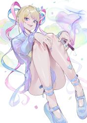 Rule 34 | 1girl, absurdres, bizarre cuco, blonde hair, blue bow, blue eyes, blue footwear, blue hair, blue nails, blue shirt, blue skirt, bow, chouzetsusaikawa tenshi-chan, full body, gradient hair, hair bow, highres, holding, holographic clothing, iridescent, joint (drug), knees up, long hair, long sleeves, looking at viewer, multicolored hair, multicolored nails, nail polish, needy girl overdose, open mouth, pink bow, pink hair, pink nails, platform footwear, purple bow, purple hair, quad tails, sailor collar, school uniform, serafuku, shirt, sitting, skirt, smile, smoke, solo, twintails, very long hair, yellow nails