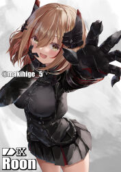 Rule 34 | 1girl, :d, absurdres, azur lane, black gloves, black jacket, blonde hair, breasts, buttons, character name, commentary request, cowboy shot, double-breasted, excited, from above, gloves, hair between eyes, hand on own cheek, hand on own face, happy, headgear, highres, hip focus, jacket, long sleeves, looking at viewer, looking up, makihige, medium breasts, medium hair, metal gloves, miniskirt, multicolored hair, open mouth, pleated skirt, reaching, reaching towards viewer, red hair, roon (azur lane), signature, skirt, smile, solo, streaked hair, thighs, two-tone hair, yellow eyes