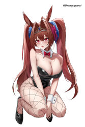 Rule 34 | 1girl, absurdres, alternate costume, animal ears, antenna hair, baozouyeguai, bare shoulders, black footwear, blush, bow, breasts, cleavage, commentary request, daiwa scarlet (umamusume), detached collar, fang, fishnet pantyhose, fishnets, hair between eyes, hair bow, hair intakes, high heels, highres, horse ears, horse girl, horse tail, large breasts, long hair, looking at viewer, nontraditional playboy bunny, open mouth, pantyhose, pink bow, red bow, red eyes, red hair, simple background, skin fang, solo, squatting, tail, tiara, twintails, twitter username, umamusume, very long hair, white background, wrist cuffs