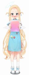 Rule 34 | 1girl, @ @, apron, blonde hair, blue apron, blue archive, blue eyes, blush, collared shirt, forehead, full body, halo, hato haru, highres, holding, long hair, looking at viewer, open mouth, parted bangs, pen, scrunchie, shirt, shoes, short sleeves, simple background, sneakers, socks, solo, sora (blue archive), sweat, nervous sweating, two side up, very long hair, wavy mouth, white background, white footwear, white shirt, white socks, wrist scrunchie