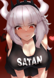 Rule 34 | 1girl, absurdres, apron, bare shoulders, black apron, breasts, character name, cleavage, closed eyes, commentary, demon girl, demon horns, demon tail, helltaker, highres, horns, kizu, large breasts, long hair, looking at viewer, lucifer (helltaker), mole, mole under eye, red background, red eyes, shirt, simple background, solo, sweat, tail, white hair, white horns