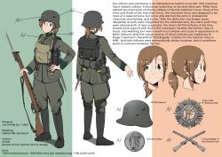 Rule 34 | 1girl, ammunition pouch, backpack, bag, bayonet, bedroll, black bag, black footwear, bolt action, boots, breast pocket, breeches, brown eyes, brown hair, buttons, canteen, character profile, character sheet, closed mouth, combat helmet, commentary, commission, english text, flag background, freckles, from behind, full body, gaiters, green jacket, green pants, gun, gun sling, hair between eyes, helmet, highres, holding, holding gun, holding weapon, ireland, irish army, irish flag, jacket, lee-enfield, load bearing equipment, long hair, long sleeves, looking at viewer, low ponytail, medal, military, military jacket, military uniform, mrxinom, multiple views, original, pants, pocket, ponytail, pouch, rifle, shoulder boards, simple background, smile, soldier, stahlhelm, standing, turnaround, uniform, weapon, world war ii