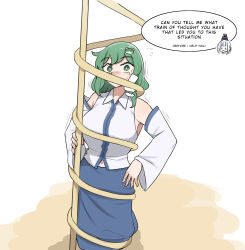 Rule 34 | 2girls, blue headwear, blue skirt, breasts, brown footwear, collared shirt, crying, crying with eyes open, detached sleeves, dilated pupils, flying sweatdrops, frog hair ornament, green eyes, green hair, hair ornament, hanging, highres, inconvenient breasts, jungle gym, kamishirasawa keine, kochiya sanae, large breasts, long hair, long skirt, mata (matasoup), motion lines, multiple girls, nervous, playground, restrained, shirt, single hair tube, single sidelock, skirt, sleeveless, sleeveless shirt, snake hair ornament, socks, stuck, tears, touhou, trapped, white hair, white shirt, white sleeves, white socks