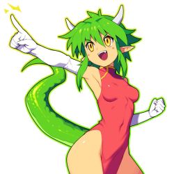 Rule 34 | 1girl, :d, armpits, bad id, bad twitter id, breasts, china dress, chinese clothes, clenched hand, covered navel, draco centauros, dragon girl, dragon horns, dragon tail, dress, elbow gloves, fangs, gloves, green hair, hair between eyes, horns, medium breasts, metata, open mouth, pointy ears, puyopuyo, red dress, short hair, simple background, smile, solo, tail, teeth, white background, white gloves, yellow eyes