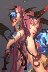 Rule 34 | 1girl, ass, breasts, claws, demon girl, demon tail, demon wings, dragon, dragon girl, dragon horns, dragon tail, dragon wings, gogoso, holding, horns, long hair, looking at viewer, monster girl, original, pink hair, skull, solo, demon girl, tail, very long hair, wings, yellow eyes, zoom layer