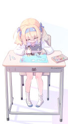 Rule 34 | 1girl, blonde hair, blue bow, blue eyes, blue footwear, blue hairband, blush, bow, box, collarbone, crayon, desk, drawing, drawing (object), grey sweater vest, hair bow, hairband, highres, holding, holding marker, long hair, long sleeves, looking down, marker, original, pencil, ruten (onakasukusuku), sailor collar, school desk, school uniform, shadow, shirt, shoes, sidelocks, simple background, sitting, sleeve cuffs, socks, solo, sweater vest, two side up, white background, white sailor collar, white shirt, white socks