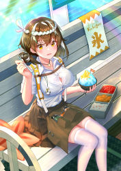 Rule 34 | 1girl, :d, absurdres, arknights, bench, breasts, brown hair, brown skirt, chinese commentary, commentary request, drinking straw, feet out of frame, food, hachimaki, hair between eyes, hand up, headband, highres, holding, holding drinking straw, holding food, large breasts, looking at viewer, magallan (arknights), magallan (shaved-ice memories) (arknights), multicolored hair, nejiri hachimaki, official alternate costume, open mouth, rainbow, shaved ice, shirt, short hair, short sleeves, sitting, skirt, smile, solo, streaked hair, thighhighs, vic (user ztdh7374), white hair, white shirt, white thighhighs, yellow eyes, zettai ryouiki