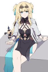 Rule 34 | 1girl, 1other, absurdres, ajita (honkai impact), bare legs, black dress, blonde hair, blue eyes, breasts, cleavage, clothing cutout, commentary request, criss-cross halter, crossed legs, dress, eyeliner, eyewear on head, hair ornament, halterneck, highres, honkai (series), honkai impact 3rd, indonesian commentary, jacket, large breasts, looking at viewer, makeup, marintruth, open clothes, open jacket, perception (honkai impact), red eyeliner, round eyewear, sidelocks, simple background, sitting, smile, songque (honkai impact), stomach cutout, sunglasses, tassel, tassel hair ornament, twintails, white background, white jacket