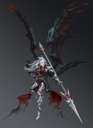 Rule 34 | 1boy, absurdres, armor, black wings, claw (weapon), demon wings, dosol, fangs, feathered wings, flying sweatdrops, gem, gradient background, greaves, grey hair, highres, holding, holding polearm, holding spear, holding weapon, knight, long hair, male focus, multiple wings, open mouth, original, pale skin, pauldrons, pointy ears, polearm, red eyes, shoulder armor, slit pupils, smile, solo, spear, torn clothes, vambraces, vampire, weapon, wings