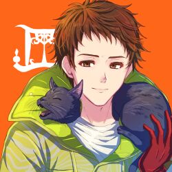Rule 34 | 1boy, 24mbb, black cat, brown eyes, brown hair, cat, chipie (gnosia), closed mouth, coat, gnosia, looking at viewer, one eye closed, red background, shirt, short hair, simple background, smile, smirk, solo, upper body, white shirt