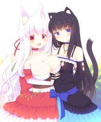 Rule 34 | 2girls, :d, animal ear fluff, animal ears, bare shoulders, black dress, black gloves, black hair, blue bow, blue choker, blue eyes, blush, bow, braid, breasts, cat ears, cat girl, cat tail, choker, cleavage, cleavage cutout, closed mouth, clothing cutout, collarbone, commentary request, detached sleeves, dress, elbow gloves, gloves, hair between eyes, hair ribbon, highres, large breasts, layered sleeves, long hair, long sleeves, multiple girls, open mouth, original, puffy short sleeves, puffy sleeves, red choker, red dress, red eyes, red ribbon, red sleeves, ribbon, sakurato ototo shizuku, short over long sleeves, short sleeves, sleeveless, sleeveless dress, small breasts, smile, tail, tail raised, very long hair, white hair, white sleeves