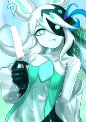 Rule 34 | 1girl, artist name, artist request, blue dress, blue eyes, blue hair, blue skin, blue skirt, breasts, colored skin, confused, dress, eating, female focus, food, highres, ice cream, icejade acti, long hair, looking at viewer, medium breasts, melting, monster girl, popsicle, question mark, see-through, shiny clothes, shiny skin, skirt, slime girl, sticking out tongue, yu-gi-oh!, yu-gi-oh! duel monsters