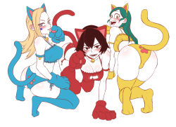 Rule 34 | 3girls, :d, all fours, alternate costume, animal ears, animal hands, ass, blonde hair, blue eyes, blush, boku no hero academia, breasts, brown eyes, brown hair, cat ears, cat lingerie, cleavage, cleavage cutout, clothing cutout, fake animal ears, fake tail, female focus, from behind, full body, gloves, green hair, highres, kimleon, kneeling, long hair, looking at viewer, looking back, mandalay (boku no hero academia), medium breasts, meme attire, multiple girls, open mouth, paw gloves, paw pose, paw print, pixie-bob (boku no hero academia), ragdoll (boku no hero academia), short hair, simple background, smile, tail, teeth, thighhighs, tongue, tongue out, white background, yellow eyes