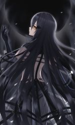 Rule 34 | 1girl, absurdres, arm up, back, black dress, black gloves, black hair, brown eyes, closed mouth, dandelion (girls&#039; frontline), dress, elbow gloves, feet out of frame, from behind, girls&#039; frontline, gloves, hair ornament, hairclip, harness, highres, long hair, looking back, mechanical legs, nyto (girls&#039; frontline), isomer hivemind (girls&#039; frontline), paradeus, solo, standing, thomas 8000, very long hair