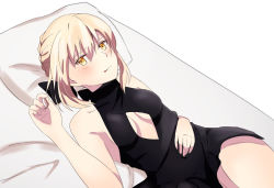 Rule 34 | 1girl, artoria pendragon (all), artoria pendragon (fate), black ribbon, blonde hair, blush, breasts, cleavage cutout, clothing cutout, fate/grand order, fate (series), hand on own stomach, highres, looking at viewer, lying, official alternate costume, on back, ribbon, saber alter, sii artatm, small breasts, solo, thighs, tongue, tongue out, white background, yellow eyes