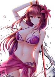 Rule 34 | 1girl, arm up, bikini, breasts, fate/grand order, fate (series), flower, gae bolg (fate), hair flower, hair ornament, highres, large breasts, bridal garter, long hair, looking at viewer, navel, pink bikini, purple bikini, sarong, scathach (fate), scathach (fate), scathach (swimsuit assassin) (fate), smile, solo, swimsuit, water, wsman