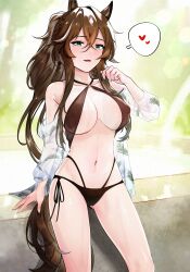 Rule 34 | 1girl, :d, absurdres, animal ears, aqua eyes, arknights, bikini, black bikini, breasts, brown hair, cleavage, commission, covered erect nipples, elsi, gluteal fold, hair between eyes, heart, highres, horse ears, large breasts, long hair, looking at viewer, meteor (arknights), mole, mole under eye, navel, off shoulder, open mouth, pixiv commission, see-through, smile, solo, spoken heart, swimsuit, variant set