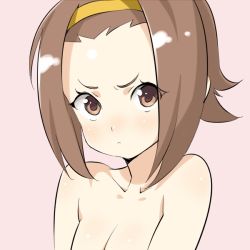 Rule 34 | 00s, 1girl, angry, bad id, bad pixiv id, brown eyes, brown hair, forehead, frown, hairband, k-on!, lowres, poporon, solo, tainaka ritsu, topless