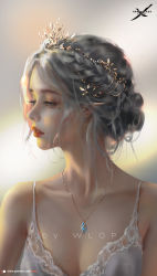 Rule 34 | 1girl, blue eyes, braid, collarbone, crown braid, eyelashes, ghostblade, grey hair, highres, jewelry, lips, looking to the side, mole, mole under eye, necklace, nose, pointy ears, portrait, red lips, sidelighting, solo, tiara, upper body, wlop