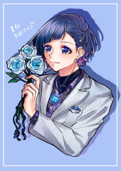 Rule 34 | 1boy, absurdres, asymmetrical bangs, asymmetrical hair, blue eyes, blue flower, blue hair, blue rose, blunt bangs, bolo tie, border, breast pocket, buttons, closed mouth, collared shirt, commentary request, cropped torso, flower, glint, gradient hair, grey jacket, hair behind ear, hair ornament, hairpin, highres, holding, holding flower, honeyworks, jacket, kohaku (user ydtf2533), kokuhaku jikkou iinkai, lapels, leaf, blue background, long sleeves, looking ahead, male focus, multicolored hair, open collar, pocket, print shirt, purple hair, purple shirt, rose, shadow, shirt, short hair, simple background, solo, someya yuujirou, suit jacket, turtleneck, upper body, wavy mouth, white border
