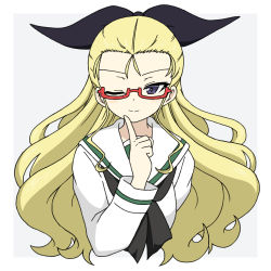 Rule 34 | 1girl, alternate costume, assam (girls und panzer), bespectacled, black neckerchief, black ribbon, blonde hair, blouse, blue eyes, border, closed mouth, commentary request, cropped torso, finger to mouth, girls und panzer, glasses, hair pulled back, hair ribbon, highres, ichinose jun, long hair, long sleeves, looking at viewer, neckerchief, one eye closed, ooarai school uniform, outside border, partial commentary, red-framed eyewear, ribbon, sailor collar, school uniform, semi-rimless eyewear, serafuku, shirt, simple background, smile, solo, under-rim eyewear, upper body, white border, white sailor collar, white shirt