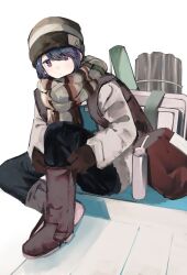 Rule 34 | 1girl, absurdres, backpack, bag, beanie, blue hair, boots, bottle, closed mouth, entrance, folding table, gloves, hair over one eye, hat, highres, jacket, looking at viewer, maegami (daisuki oekaki1), mattress, multicolored clothes, multicolored scarf, pants, purple eyes, putting on shoes, scarf, shima rin, sitting, sleeping bag, solo, table, tent, white background, wooden floor, yurucamp