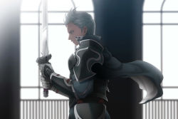 1boy armor backlighting blue_eyes blue_hair breastplate cape faulds fire_emblem fire_emblem_fates from_side gauntlets gloves grey_hair highres holding holding_sword holding_weapon indoors log_oki looking_away male_focus matching_hair/eyes nintendo pauldrons profile puff_and_slash_sleeves puffy_sleeves serious shoulder_armor silas_(fire_emblem) solo sunlight sword sword_in_front_of_face weapon window