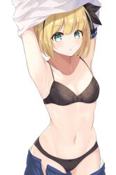 Rule 34 | 1girl, absurdres, armpits, arms up, black bra, black panties, black ribbon, blonde hair, blue skirt, bob cut, bow, bow bra, bow panties, bra, breasts, clothes lift, clothes pull, cowboy shot, green eyes, hair ribbon, highres, lifted by self, looking at viewer, navel, open clothes, open skirt, original, panties, parted lips, pleated skirt, ribbon, salve (lindasakura), school uniform, shirt, shirt lift, short hair, simple background, skirt, skirt pull, small breasts, solo, standing, underwear, undressing, white background, white shirt