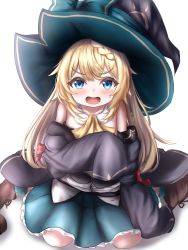 Rule 34 | 1girl, absurdres, aged down, aizawa azusa, ascot, bare shoulders, black coat, blonde hair, blue eyes, braid, coat, commentary request, detached collar, embarrassed, hair between eyes, hat, highres, kuma piv, long hair, looking at viewer, oversized clothes, sidelocks, simple background, single braid, sitting, slime taoshite 300 nen shiranai uchi ni level max ni nattemashita, solo, sweat, wariza, white background, witch hat
