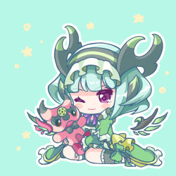 Rule 34 | 1girl, ;3, astaroth (p&amp;d), black bow, blush, bow, cauchemar (p&amp;d), chibi, closed mouth, commentary request, detached wings, dress, green background, green dress, green hair, green socks, hairband, horns, kneehighs, looking away, one eye closed, pentagram, pikomarie, purple eyes, puzzle &amp; dragons, short hair, sitting, socks, solo, star (symbol), stuffed animal, stuffed toy, wings