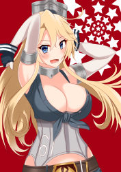 Rule 34 | 10s, 1girl, ayasato karen, bad id, bad pixiv id, blonde hair, breasts, buckle, cleavage, elbow gloves, fingerless gloves, front-tie top, gloves, hair between eyes, headgear, highres, iowa (kancolle), kantai collection, large breasts, solo, star-shaped pupils, star (symbol), striped, symbol-shaped pupils, vertical stripes