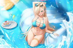 Rule 34 | 1girl, absurdres, arm up, asuna (blue archive), asymmetrical bangs, bikini, blonde hair, blue archive, blue bikini, blue eyes, blue halo, blush, bow, bow bikini, breasts, cleavage, collarbone, curvy, elsynien, eyewear on head, food, from above, hair over one eye, halo, highres, inflatable raft, large breasts, leaning to the side, long hair, looking at viewer, mole, mole on breast, navel, open mouth, pool, skindentation, smile, sunglasses, swimsuit, thigh strap, tray, tsurime, very long hair, wading, water, wide hips